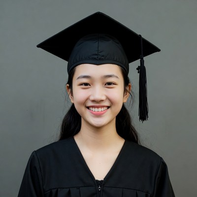 Asian girl in graduation cap and gown