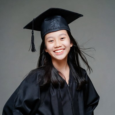 Asian girl in graduation gown smiling