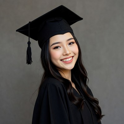 Asian woman in graduation cap and gown