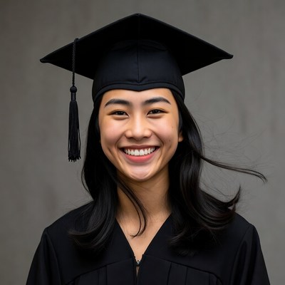 Asian woman in graduation gown smiling