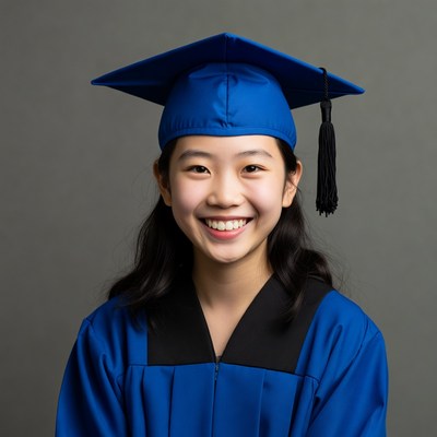 Asian girl in blue graduation gown