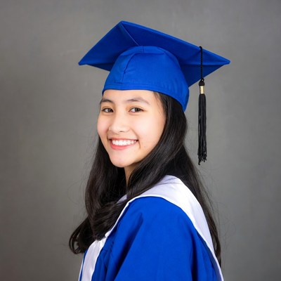 Asian girl in blue graduation gown