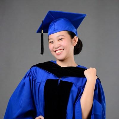 Asian woman in blue graduation gown