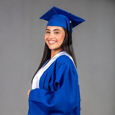 Smiling Latina woman in blue graduation gown