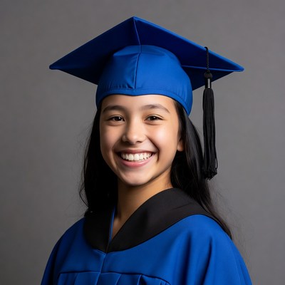 Asian girl in blue graduation gown