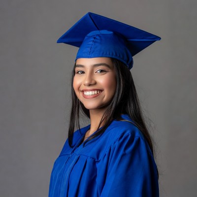 Latina woman in blue graduation gown
