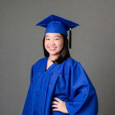 Asian girl in blue graduation gown