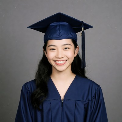 Asian girl in blue graduation gown