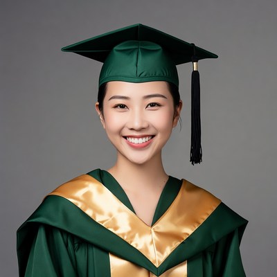 Asian woman in green graduation gown