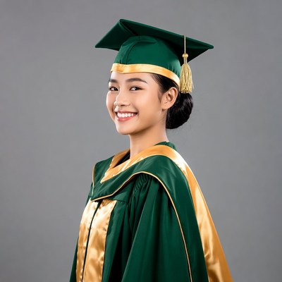 Asian woman in green graduation gown