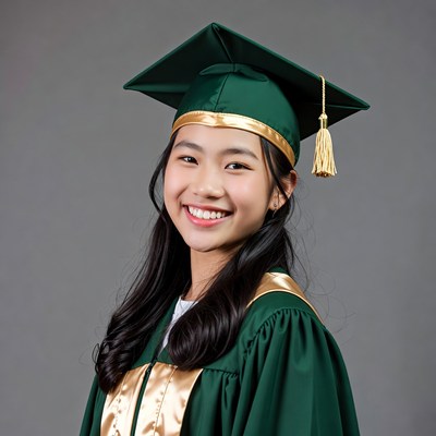 Asian girl in green graduation gown