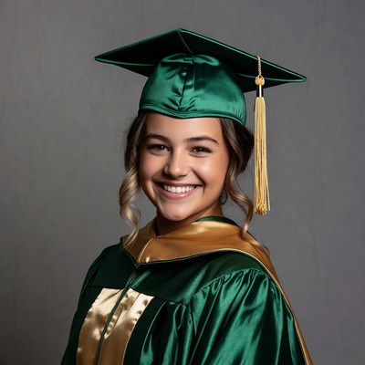 Smiling girl in green graduation gown
