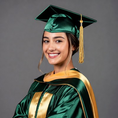 Smiling Latina woman in green graduation gown