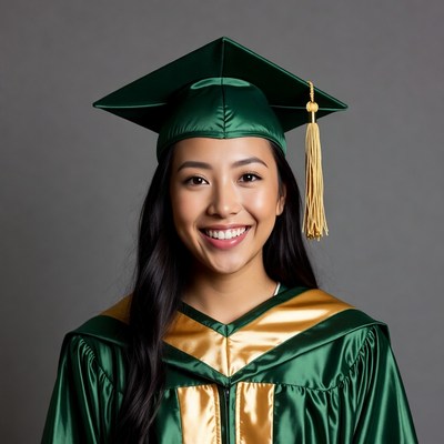 Asian woman in green graduation gown