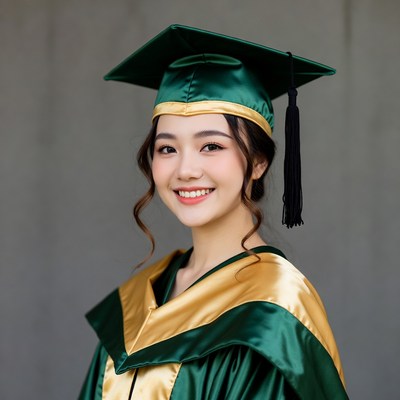 Asian woman in green graduation gown
