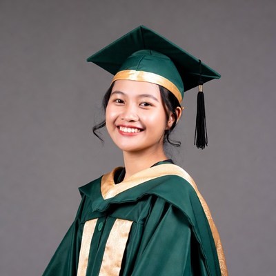Asian woman in green graduation gown