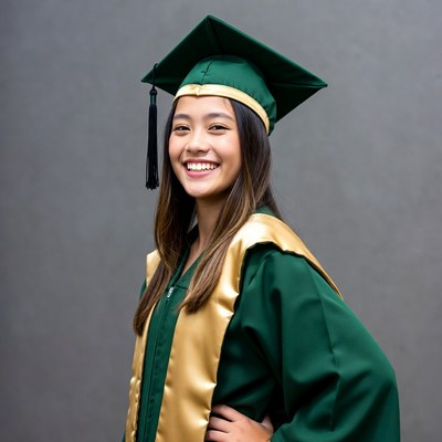 Asian girl in green graduation gown