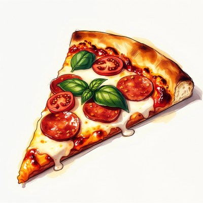 Pizza Slice with Pepperoni and Basil