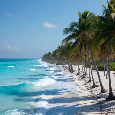 Tropical beach with palm trees and turquoise waves