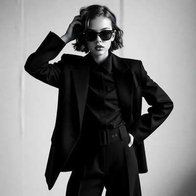 Young woman in black blazer sunglasses