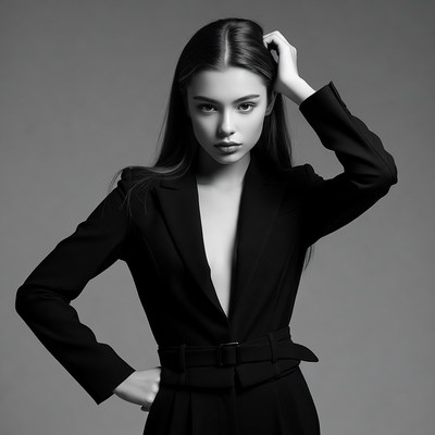 Woman in black blazer touching hair