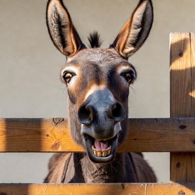 Donkey smiling over wooden fence
