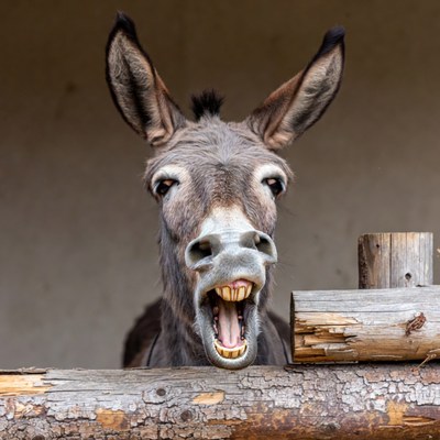 Donkey braying over wooden fence