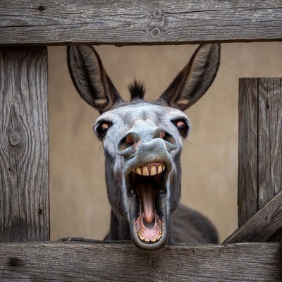 Donkey sticking head through wooden fence
