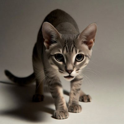 Gray kitten stalking forward