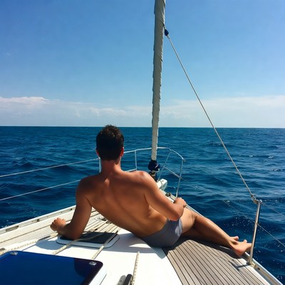 Shirtless man relaxing on sailboat
