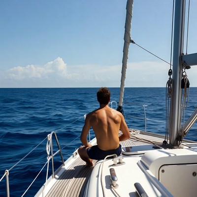 Shirtless man sitting on sailboat