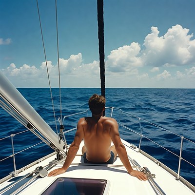 Shirtless man sailing on yacht