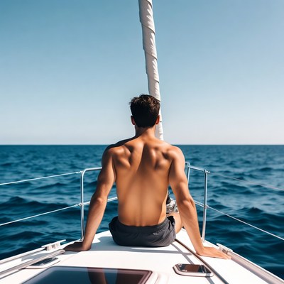 Man sitting on yacht at sea