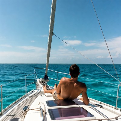 Man sailing shirtless on yacht