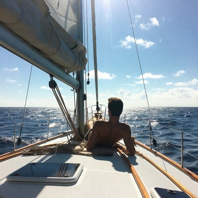Man relaxing shirtless on sailboat