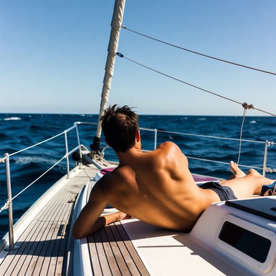 Man relaxing shirtless on yacht