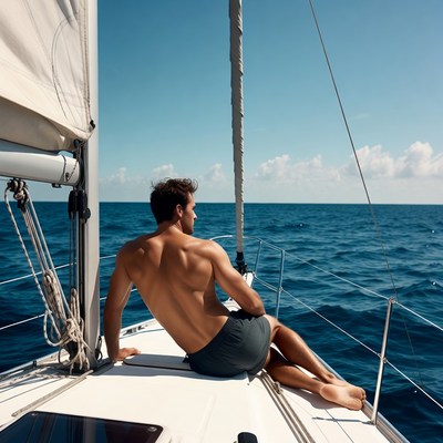Muscular man sailing on yacht
