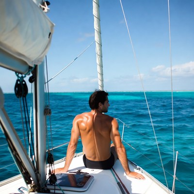 Shirtless man on yacht overlooking turquoise ocean