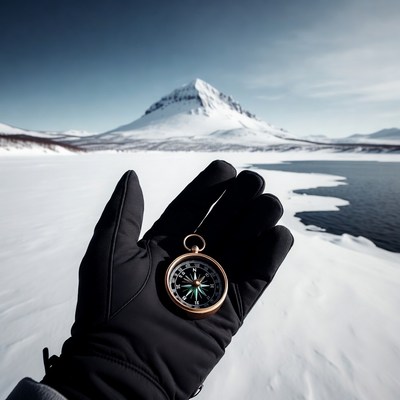 Hand holding compass snowy mountain