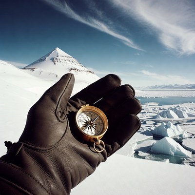 Hand Holding Compass Snowy Mountain Landscape