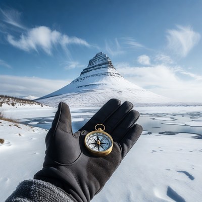 Hand holding compass Kirkjufell mountain
