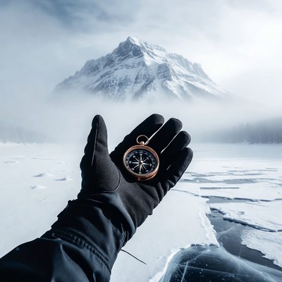Hand holding compass snowy mountains