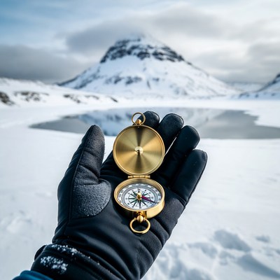 Hand holding compass snowy mountains