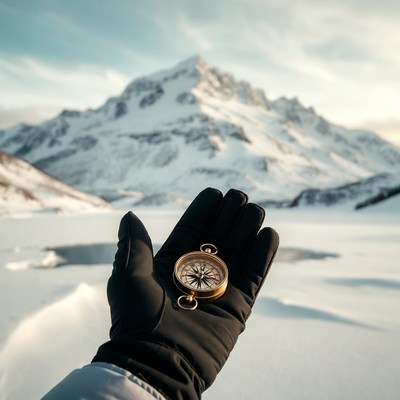 Hand holding compass with snowy mountain
