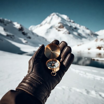 Hand holding open compass in snowy mountains
