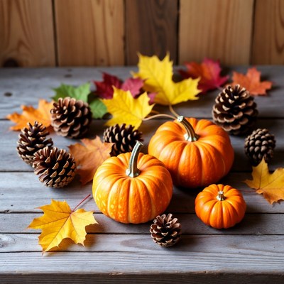 Autumn Pumpkins with Pinecones and Leaves