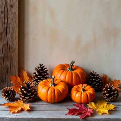 Pumpkins and Pinecones on Wooden Table
