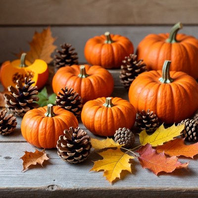 Autumn Pumpkins with Pine Cones and Leaves
