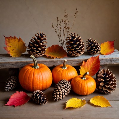 Autumn Pumpkins Pinecones Fall Leaves