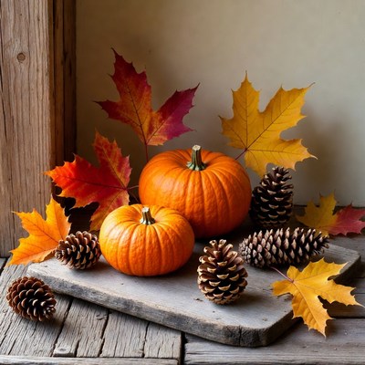 Pumpkins with Autumn Leaves and Pinecones